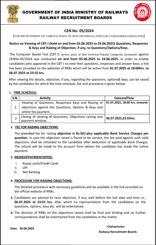 RRB NTPC Graduate Answer Key 2025 Notice